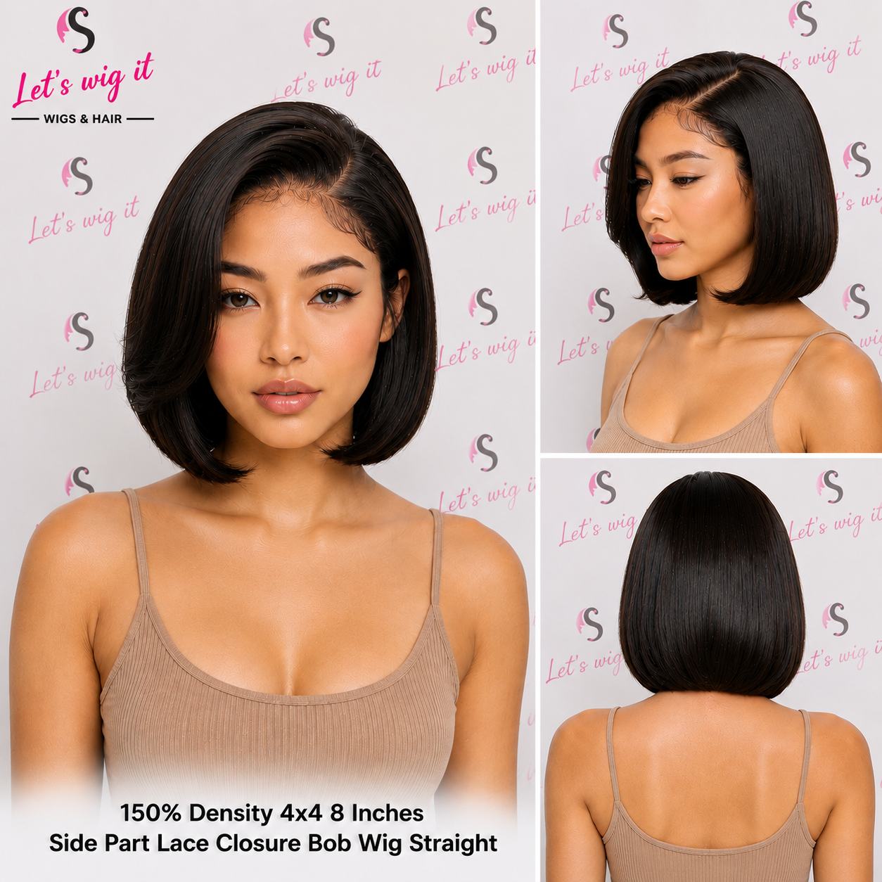 150% Density 4x4 8 Inches Side Part Lace Closure Bob Wig Straight