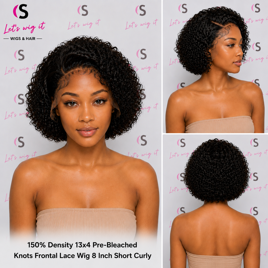150% Density 13x4 Pre-Bleached Knots Frontal Lace Wig 8 Inch Short Curly