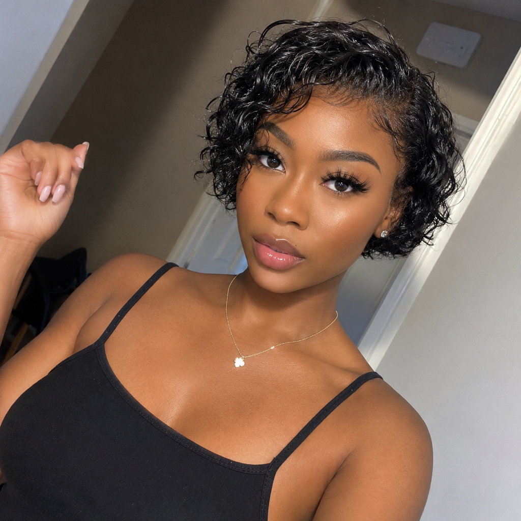 150% Density 13x4 Pre-Bleached Knots Frontal Lace Wig 8 Inch Short Curly