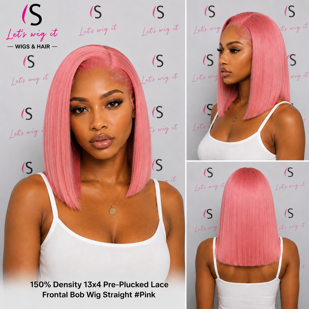 150% Density 13x4 Pre-Plucked Lace Frontal Bob Wig Straight #Pink