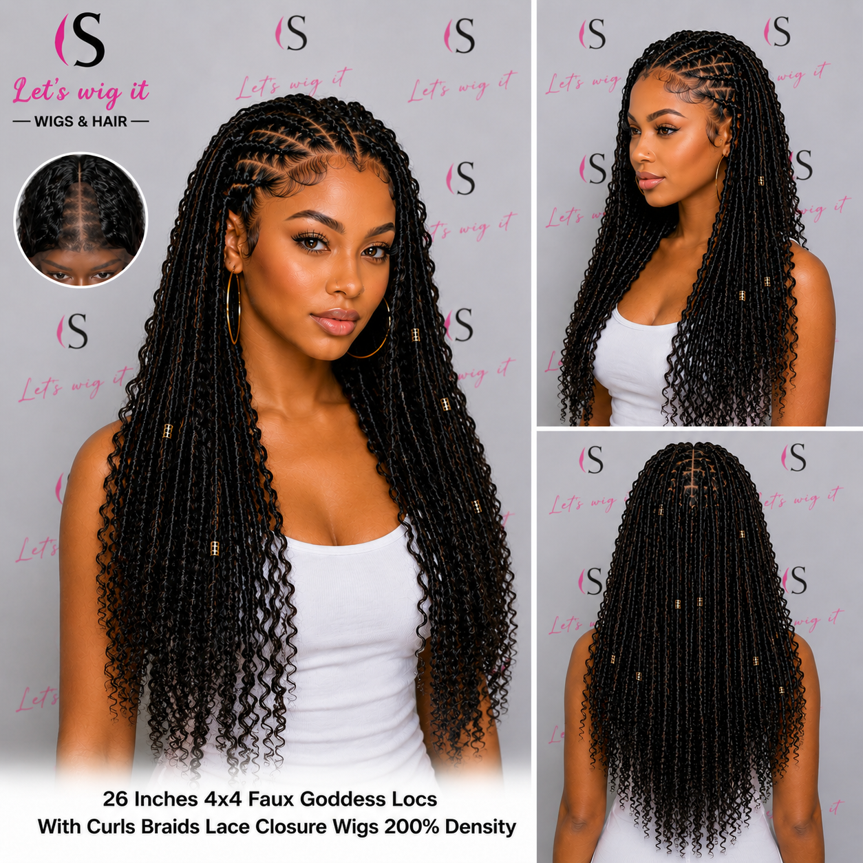 26 Inches 4x4 Faux Goddess Locs With Curls Braids Lace Closure Wig 200% Density