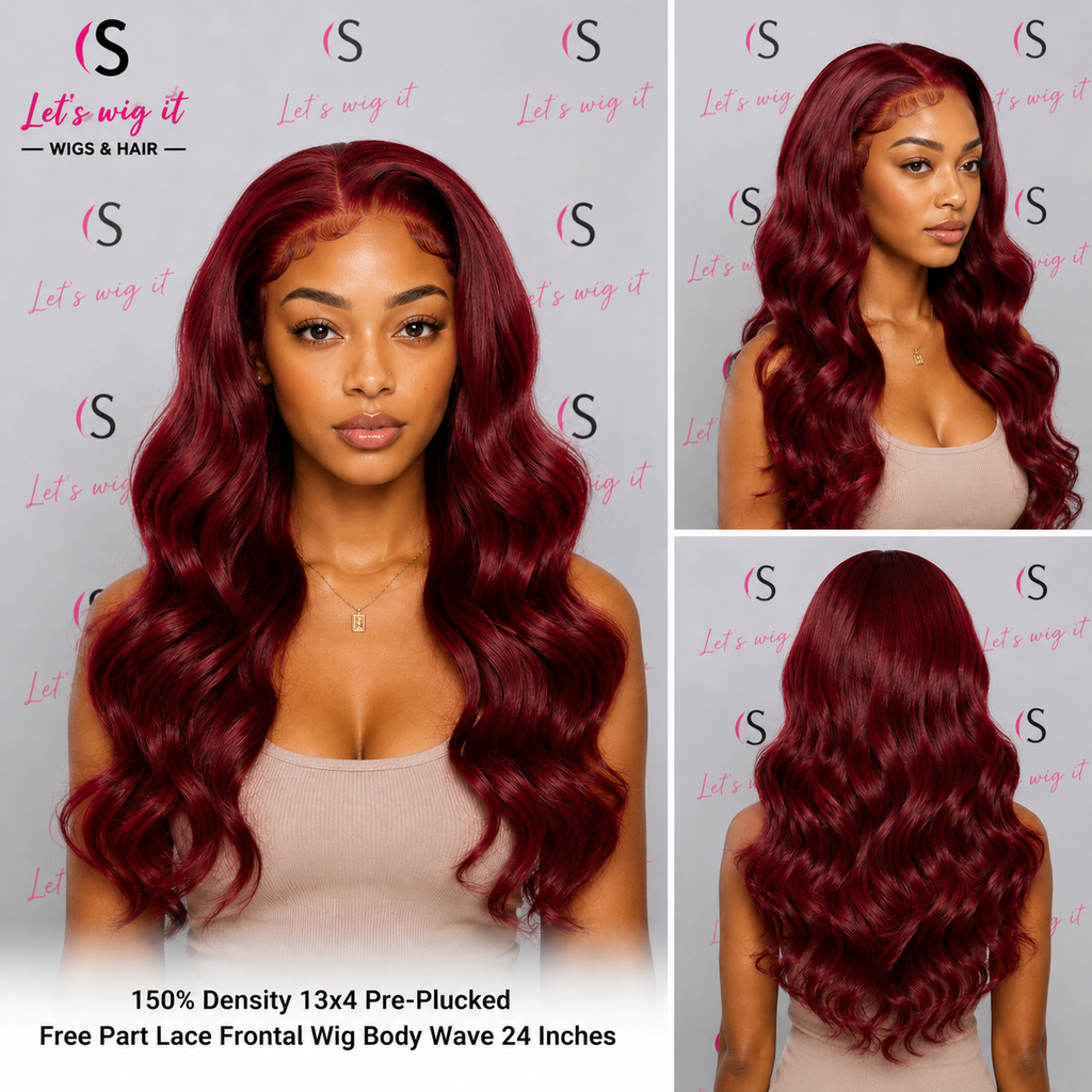 150% Density 13x4 Pre-Plucked Free Part Lace Frontal Wig Body Wave 24 Inches Burgundy