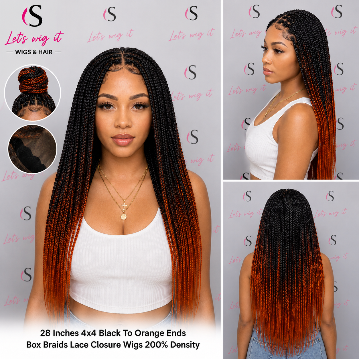 28 Inches 4x4 Black To Orange Ends Box Braids Lace Closure Wig 200% Density