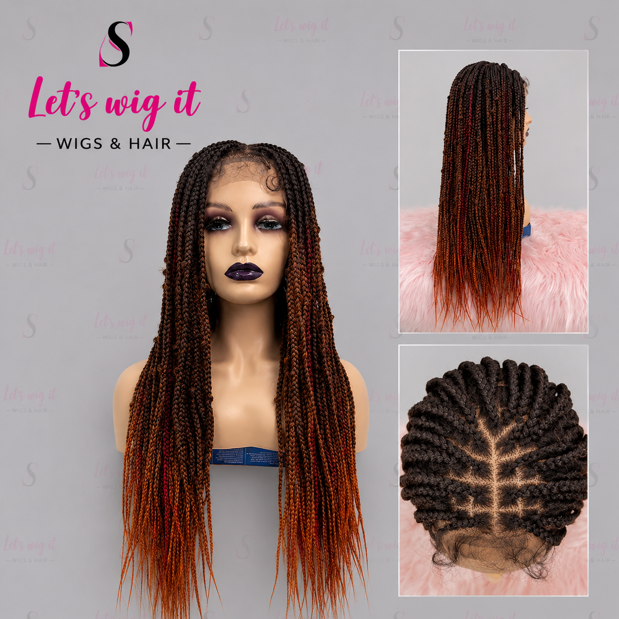 28 Inches 4x4 Black To Orange Ends Box Braids Lace Closure Wig 200% Density