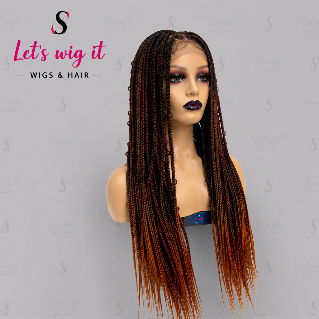 28 Inches 4x4 Black To Orange Ends Box Braids Lace Closure Wig 200% Density
