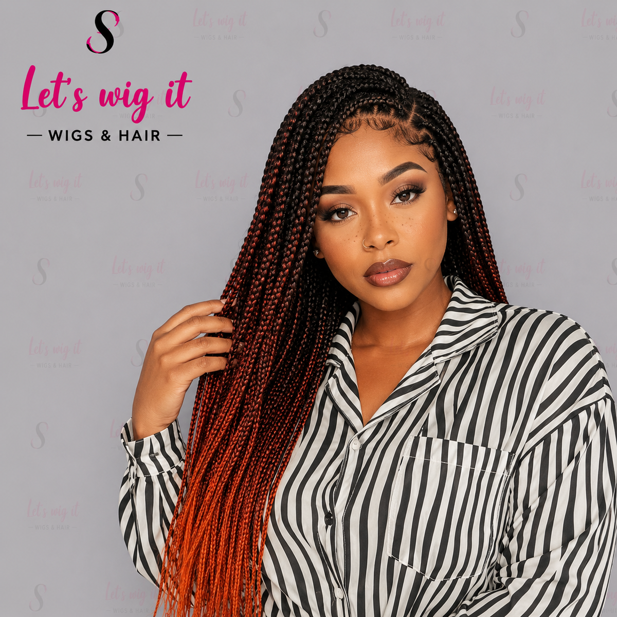 28 Inches 4x4 Black To Orange Ends Box Braids Lace Closure Wig 200% Density