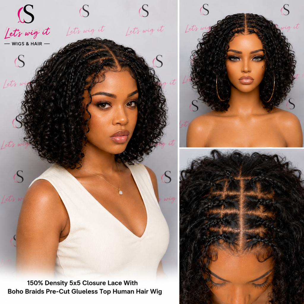 150% Density 5x5 Closure Lace With Boho Braids Pre-Cut Glueless Top Human Hair Wig