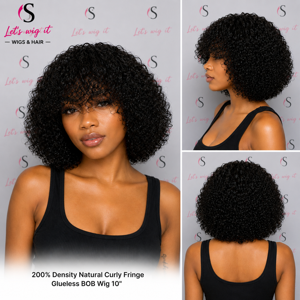 200% Density Natural Curly Fringe Glueless Bob Wig 10 Inch