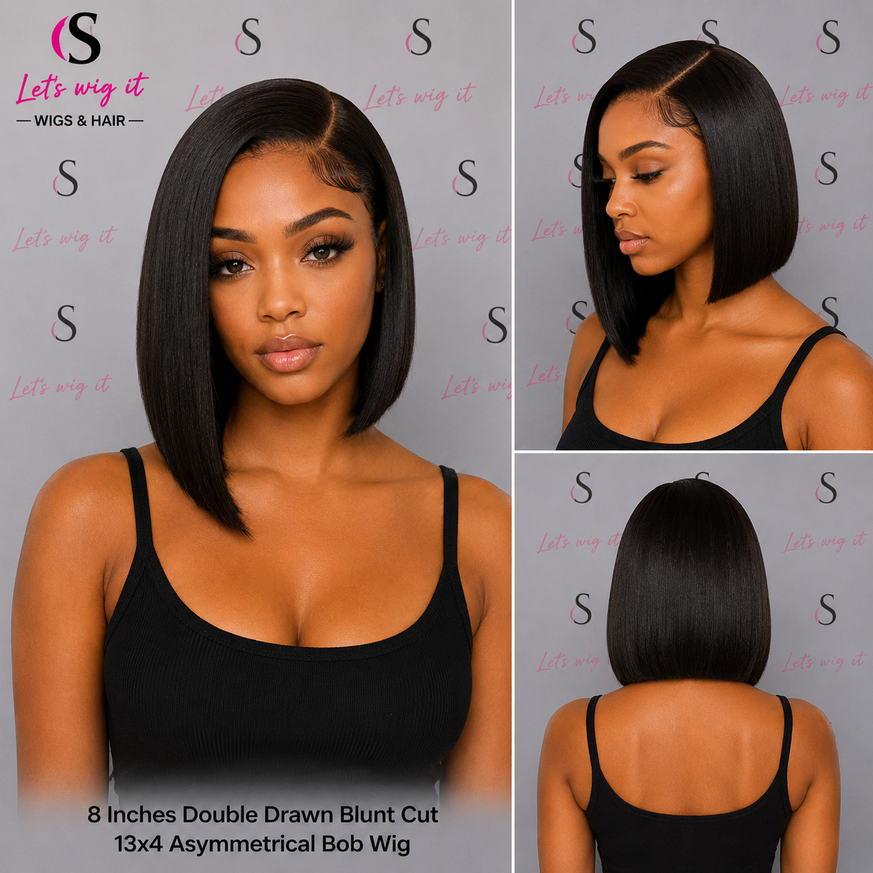 8 Inches Double Drawn Blunt Cut 13x4 Asymmetrical Bob Wig