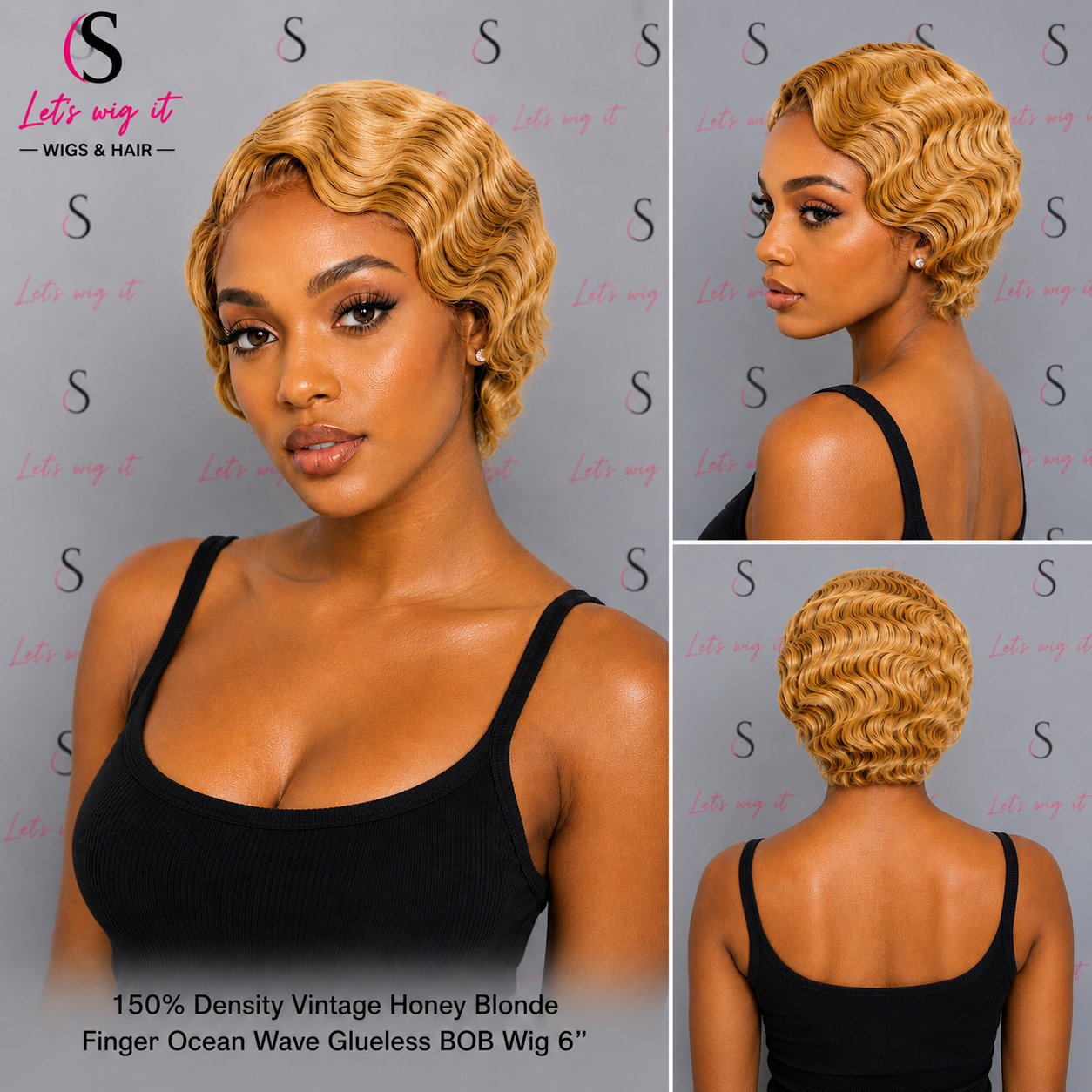 150% Density Vintage Honey Blonde Finger Ocean Wave Glueless Bob Wig 6 Inch