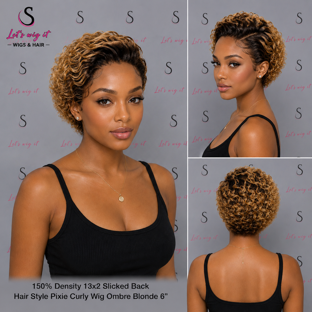 150% Density 13x2 Slicked Back Hair Style Pixie Curly Wig Ombre Blonde 6 Inch