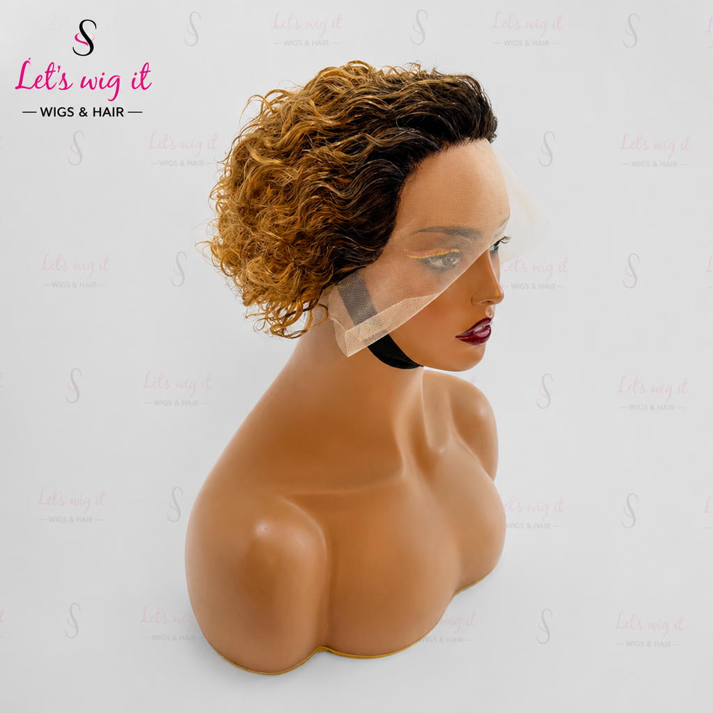 150% Density 13x2 Slicked Back Hair Style Pixie Curly Wig Ombre Blonde 6 Inch