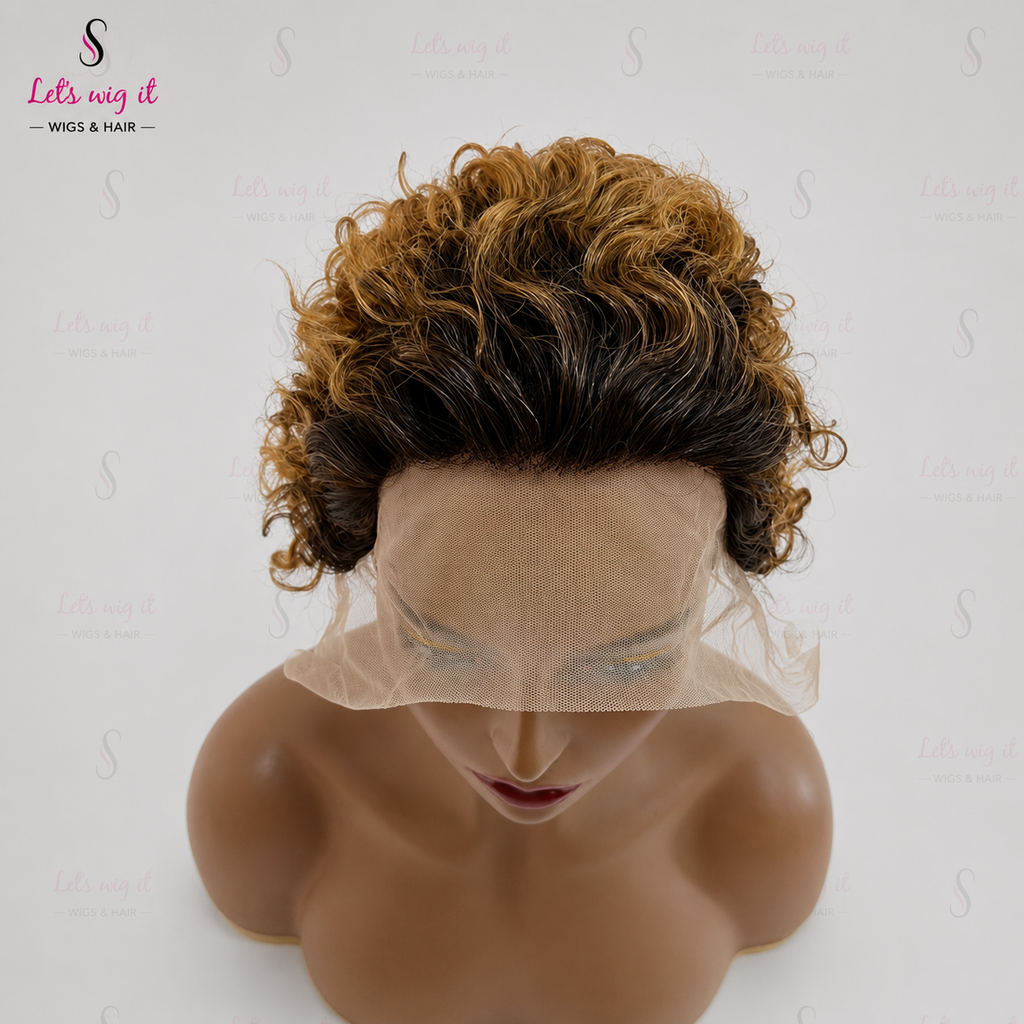 150% Density 13x2 Slicked Back Hair Style Pixie Curly Wig Ombre Blonde 6 Inch